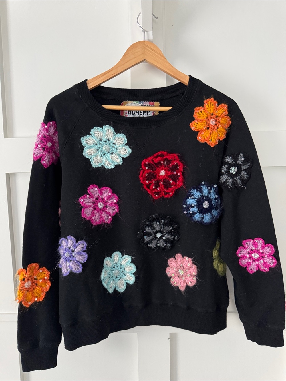 Boheme Black Crewneck Sweater with Multicolor Floral Appliqués